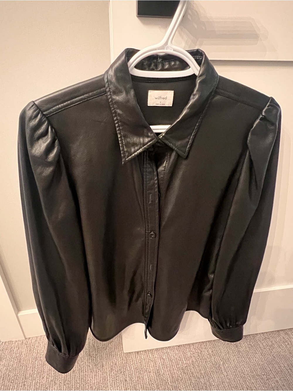 Wilfred Faux Leather Long Sleeve Button Up, size small, like new condition